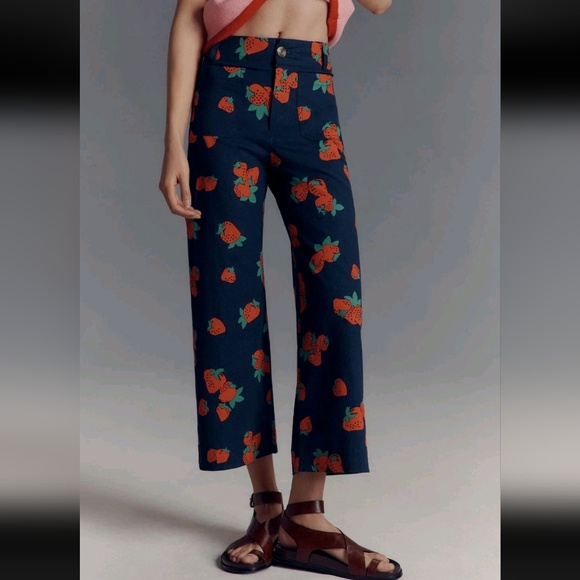 Anthropologie Maeve The Colette Strawberry Cropped Wide-Leg Linen Trousers 🍓🍓